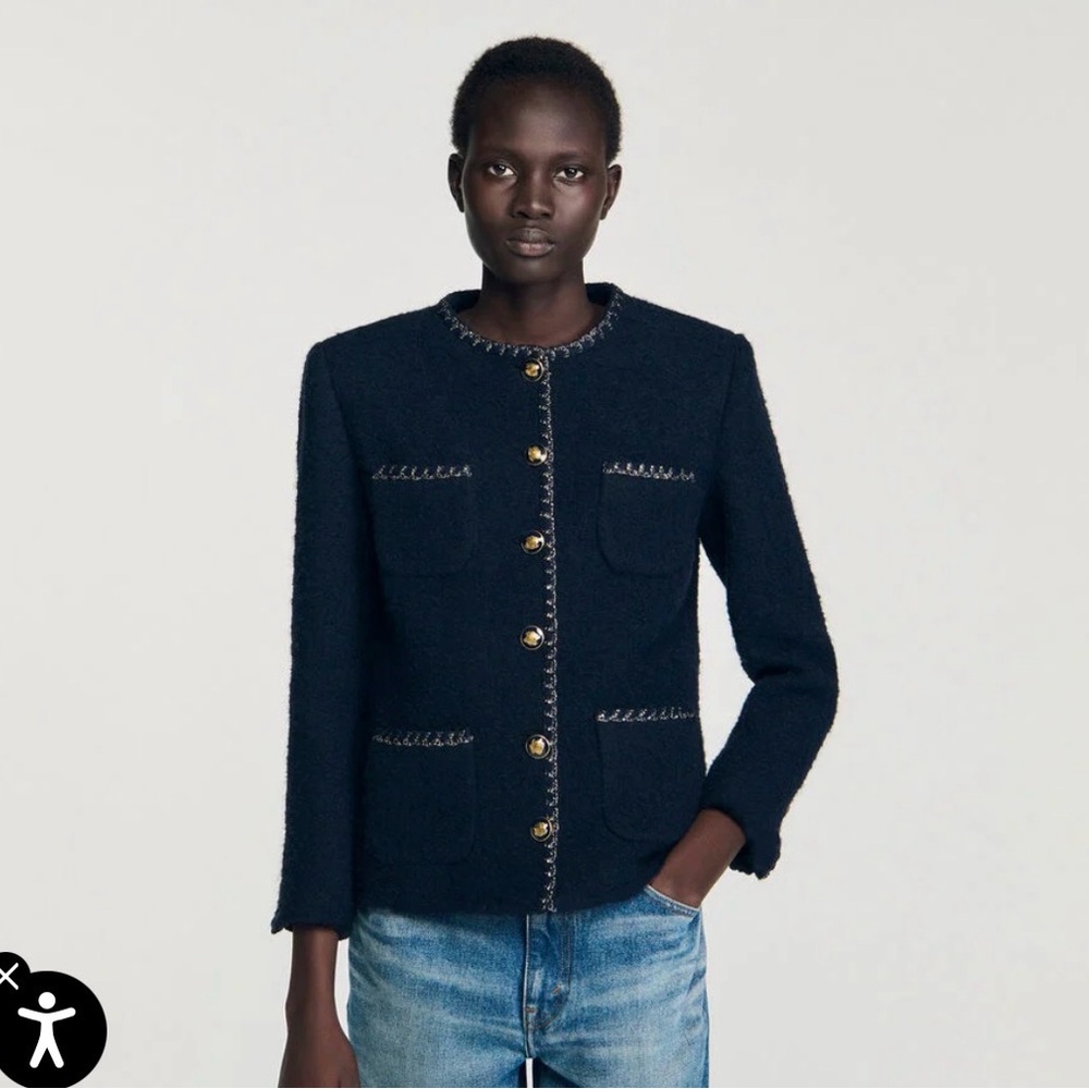 Sandro Navy Women's Blazer with Gold Buttons size 10 Removable Collar NWT